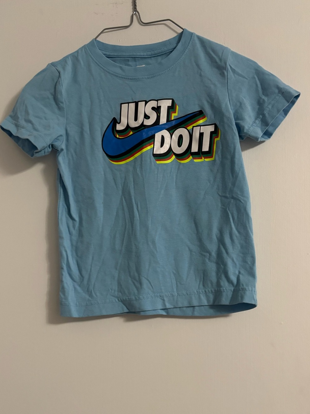 Nike Light Blue Kids' 'Just Do It' Tee with Rainbow Swoosh